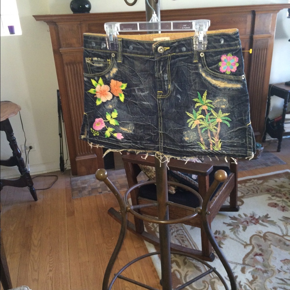 Unique Distressed Mini Blue Jean Denim Skirt with Floral Embroidery size Small